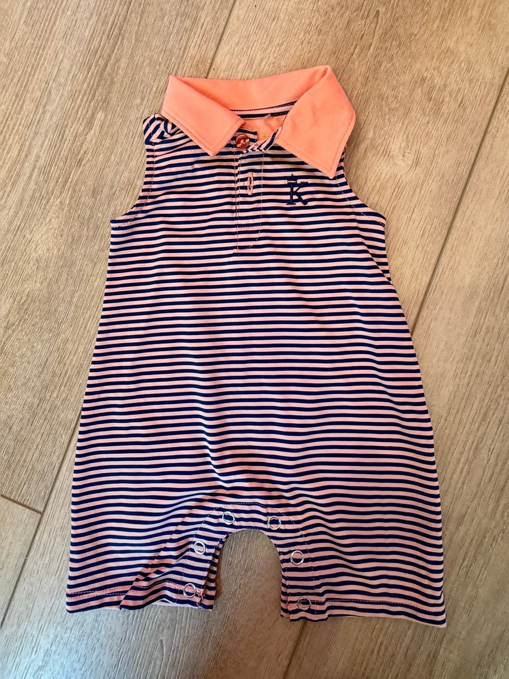Turtles and Teese Striped Sleeveless Baby Romper with Coral Collar, Navy Stripes